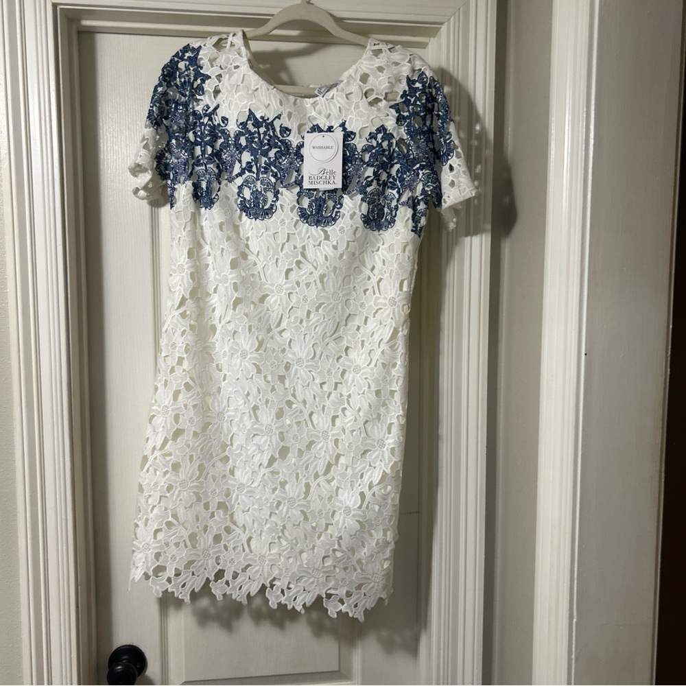Badgley Mischka White and Blue Floral Dress
